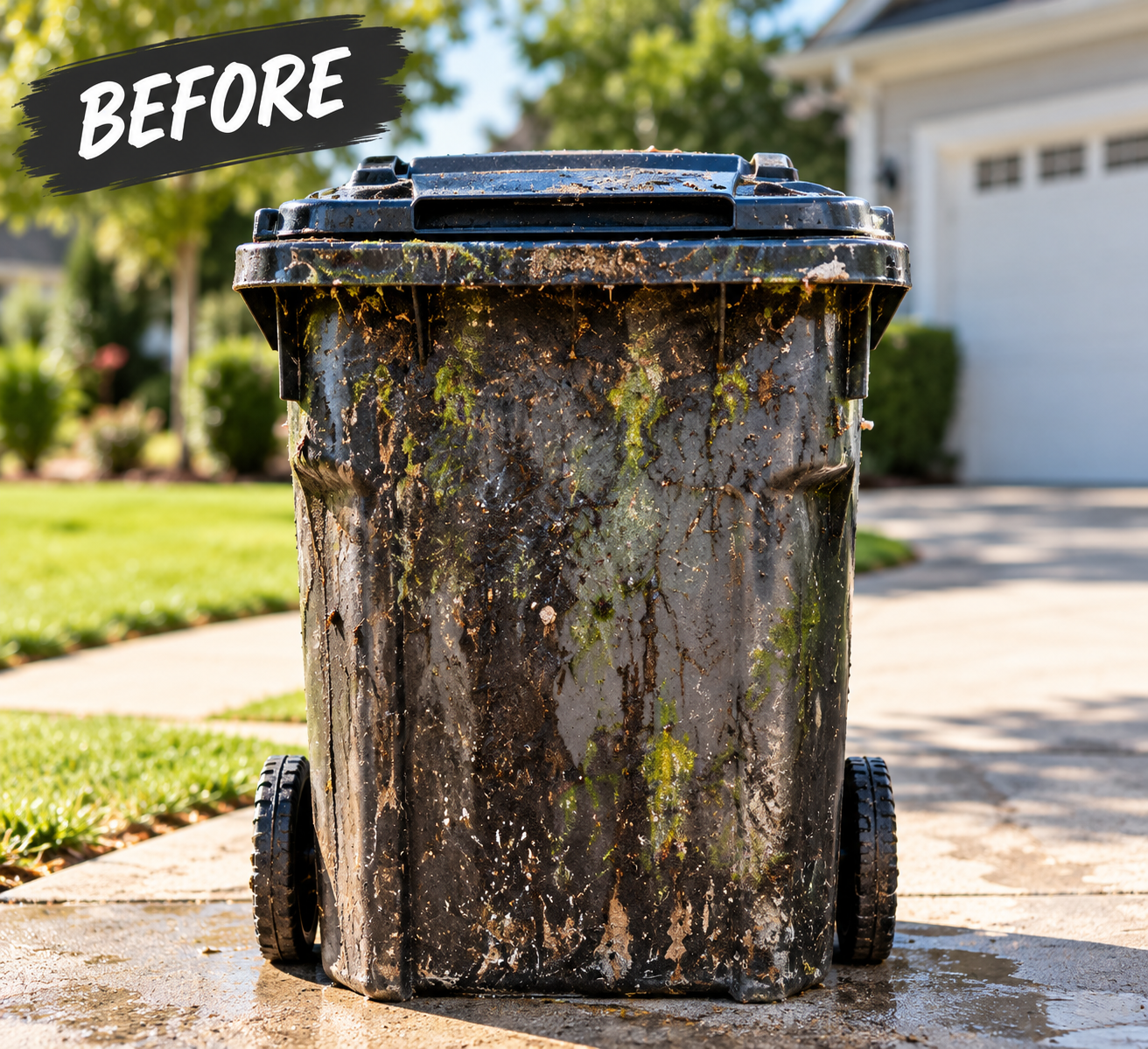 Dirty trash bin covered in grime before cleaning