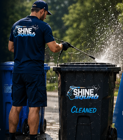 Shine Squad technician pressure-washing a trash bin